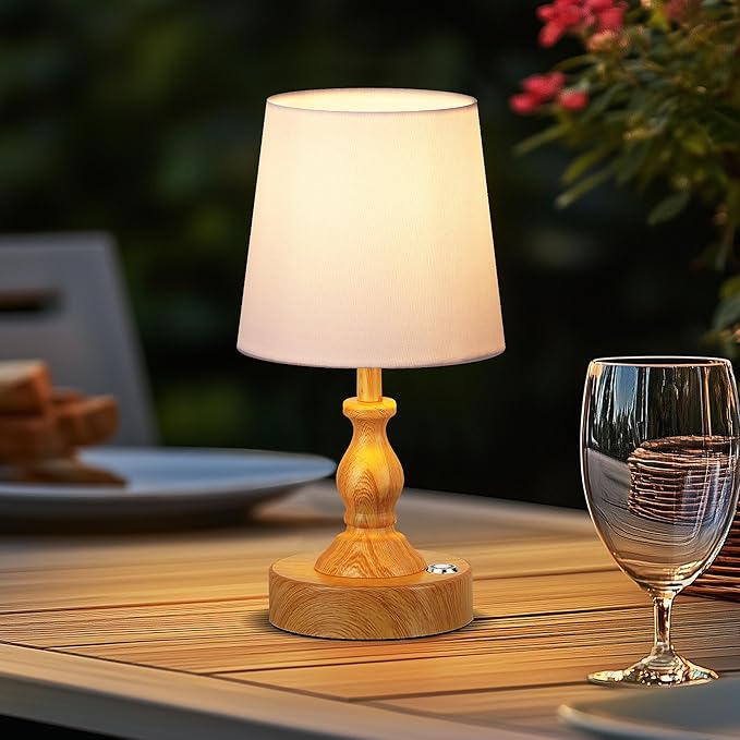 PARTPHONER Mini Cordless LED Table Lamp, 5200mAh Rechargeable Battery Operated Lamp, 3-Level Brightness, Touch Dimmable Desk Lamp, Bedside Night Light for Patio Camping Restaurant Home, Wood Grain