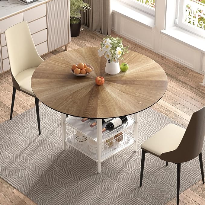 VFK 47 Inch Round Dining Table Set, Modern Wood Dining Table with Double Storage Rack, 2 Person Dining Table and Chair Set for Kitchen, Dining Room, Living Room