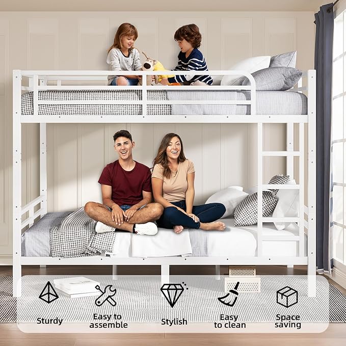 Full XL Over Full XL Bunk Bed Frame, Heavy Duty Metal Loft Bed for Adults/Teens, 350/500LB Capacity w/Ladder & Guardrail, Noise-Free Steel Slats, No Box Spring Required, White