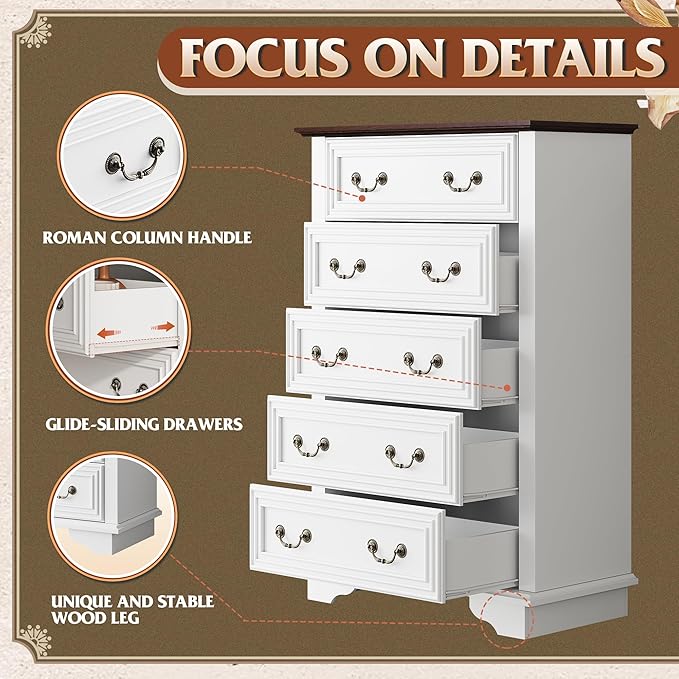 WLIVE Farmhouse Dresser for Bedroom, Wood Dresser with 5 Drawer, Chest of Drawers with Roman Metal Handle for Living Room, White