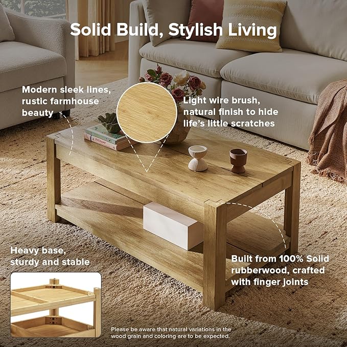 mopio Logan Solid Wood 2-Tier Rectangle Coffee Table, Modern Farmhouse Solid Rubberwood with Light Wire Brush L Shaped Leg Joint