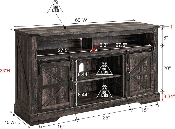OKD Farmhouse TV Stand for 65+ Inch TV, 33" Tall Highboy Entertainment Center w/Sliding Barn Door, Rustic Media Console w/Storage Shelves, Wood Television Stand for Living Room, Dark Rustic Oak