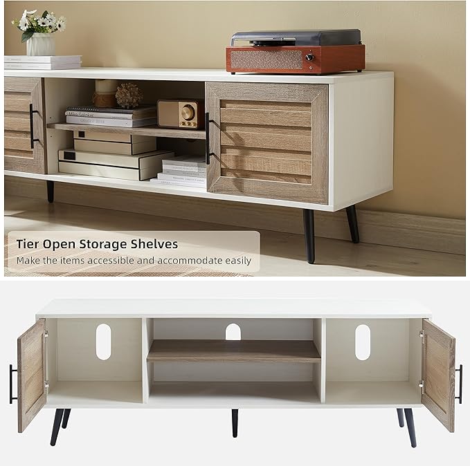 EDYO LIVING Mid Century Modern TV Stand for 65" TV, Wood TV Stand with Storage Cabinet and Open Shelf, Entertainment Center, TV Console Table for Living Room, White Walnut