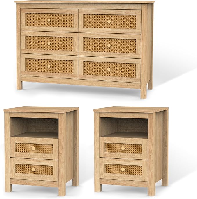 Farmhouse Bedroom Set, 3 Pieces Bedroom Furniture Set, Rustic Wood 6 Drawer Dresser and Nightstands, Chest of Drawers Wide Storage Organizer Cabinet for Bedroom, Light Rustic Naturanl
