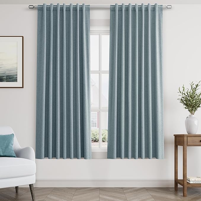Guken Dark Blue Blackout Curtains 63 Inch Length 2 Panels Set for Living Room Bedroom Back Tab Thermal Insulated 100% Black Out Linen Drapes Room Darkening Window Curtains 63 Inches Long Dark Blue