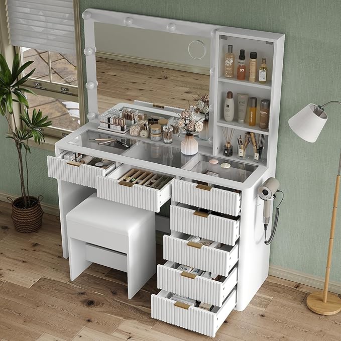 7 Drawers Fluted Vanity Desk with Charging Station, 47'' W Makeup Vanity with LED Lights and HD Mirror, 3 Lighting Modes Adjustable, Glass Top, Vanity Set for Bedroom,White