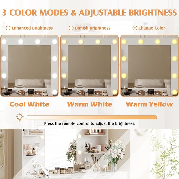 YESHOMY Vanity Desk with Mirror, Power Outlet and 10 Lights, Makeup Table with 7 Drawers, 3 Color Modes Available for Bedroom, White