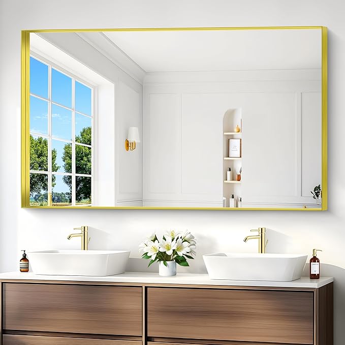 Gold Bathroom Mirror, 36x60 Inch Rectangular Deep Frame Mirror, Large Wall Mounted Bathroom Vanity Mirror Over Sink for Bedroom,Restroom, Living Room, Hangs Vertically or Horizontally