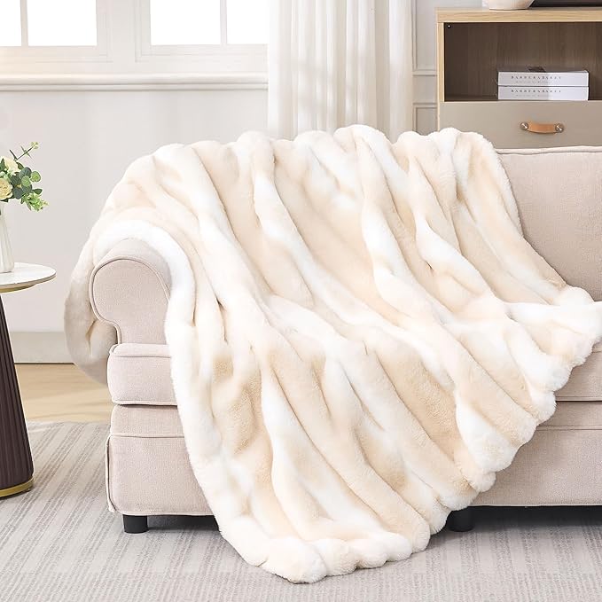 Faux Rabbit Fur Throw Blanket – 850GSM Thick & Warm, Ultra Soft Plush Blanket for Couch, Bed, Sofa, Ideal Gift for Women, 60" × 80", Beige