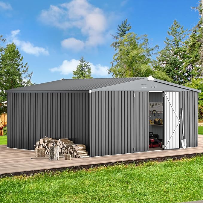 AECOJOY Shed 14' x 12' Storage Shed, Outdoor Metal Storage Sheds & Outdoor Storage 12x14 with Lockable Doors, Large Steel Yard Shed, Utility Tool Storage for Garden, Patio, Outside use in Dark Grey