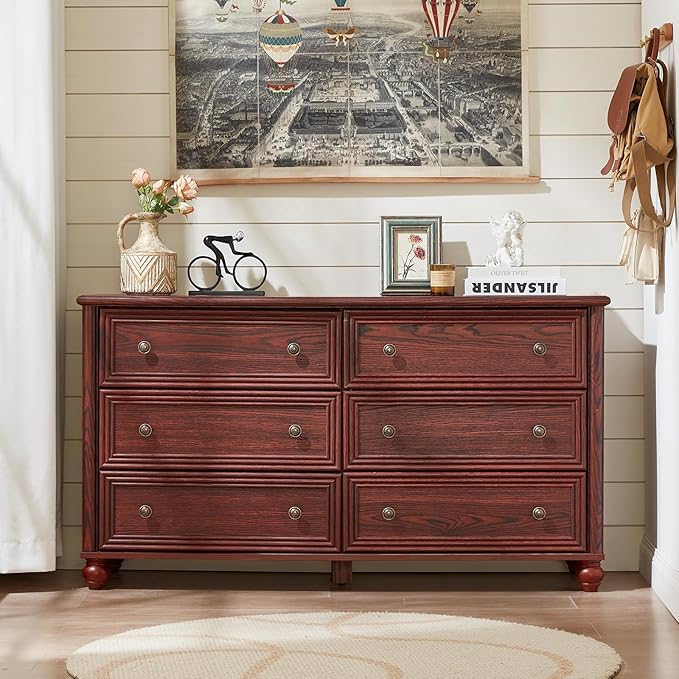 Farmhouse Dressers & Night Stand Set of 3, Wood 54" Wide Dresser & 35.5"Tall Chest of Drawers, 18" Roman Column Nightstand, Bedroom Furniture 6 Drawer Dresser Set for Bedroom Home Living Room Hallway