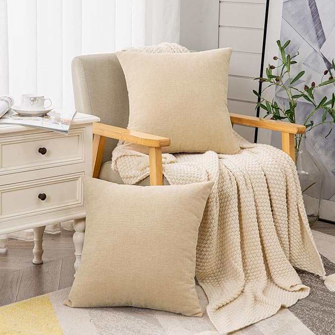 GAWAMAY Decorative Throw Pillow Covers 16x16 Inch Set of 2, Super Soft Chenille Square Pillows Farmhouse Fall Pillowcase for Living Room Bedroom Sofa Couch Cushion Cover Beige 40x40cm (No Insert)