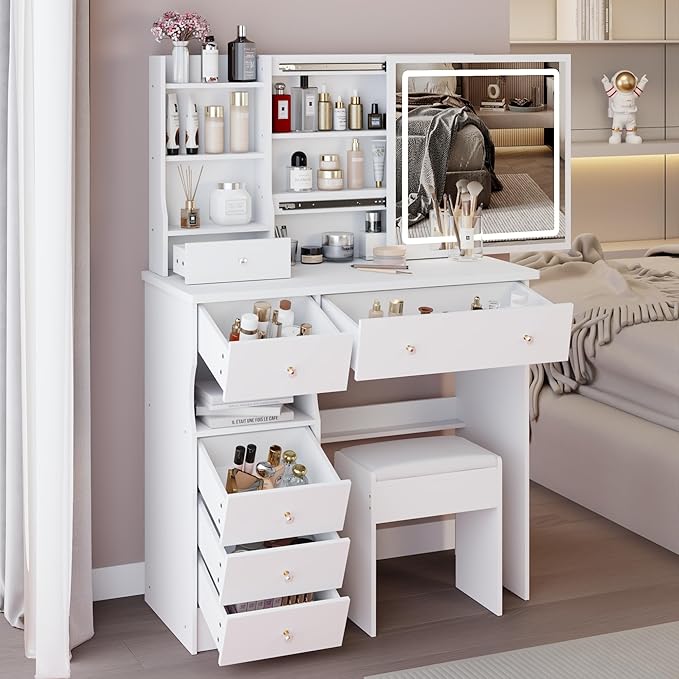 37" Vanity Desk with Mirror and Lights, Makeup Table with Led Lights and Sliding Mirror, 3 Lighting Colors, Vanity Set with 6 Drawers and Stool for Bedroom, White