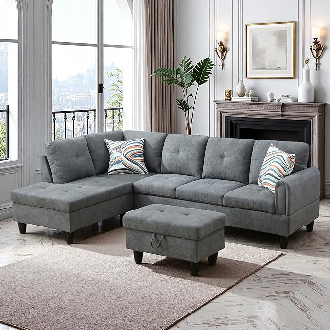 L Shaped Couch Sectional Couches with Chaise and Storage Ottoman, Fluffy Fabric 3 Pieces Modular Convertible Sofa for Living Room Furniture Sets and Small Apartment, Dark Gre