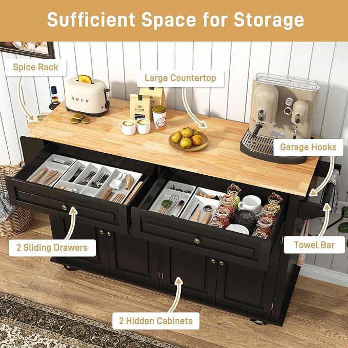 59.1" Movable Kitchen Island with Drop Leaf and Power Outlet, Rolling Island Cart w/Storage Cabinet, Island Table on Wheels for Kitchen w/2 Drawers, Spice Rack, Towel Bar, Garage Hook, Black