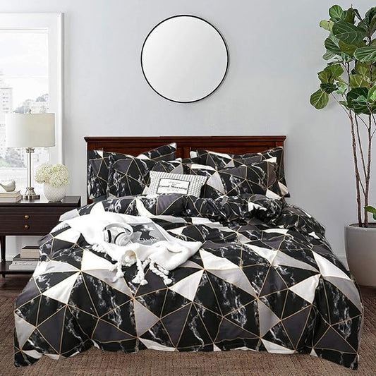 CLOTHKNOW Black White Marble King Size Comforter Set 3Pcs Triangle Plaid Bedding Comforter Set All Season Geometric Comforter with 2 Pillowcases