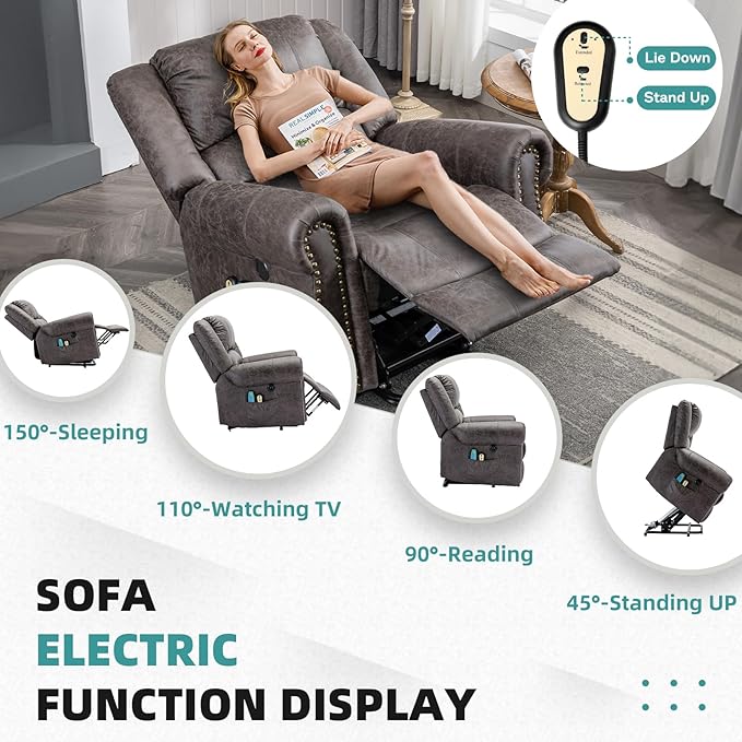 MEETWARM Large Power Lift Electric Recliner Chair with Massage and Heat, Overstuffed Wide Recliner for Elderly, Heavy Duty Recliner for Living Room with 2 Remote Controls/USB Ports/Side Pockets(Gray)