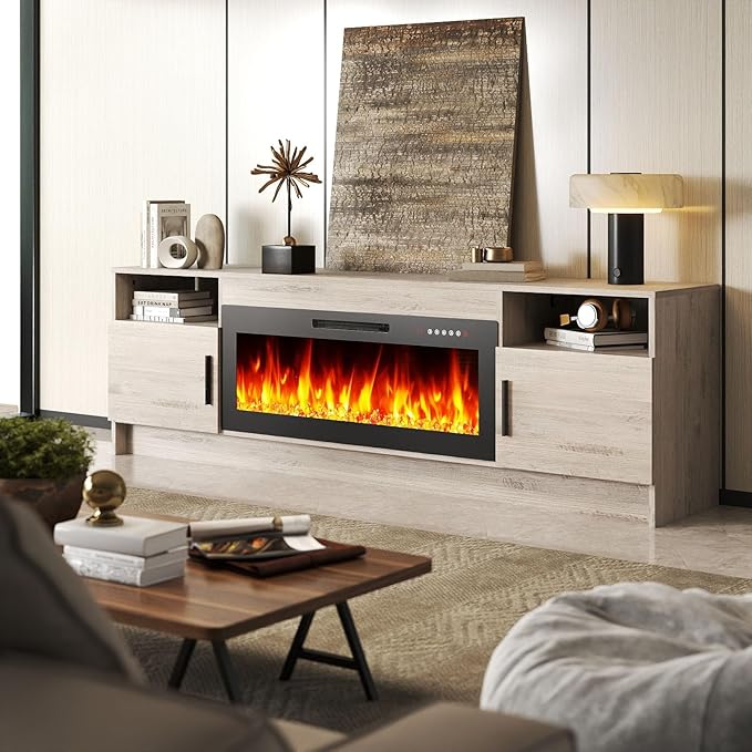 Ludatido 70 Inch TV Stand with 36 inch Electric Fireplace 27 LED Light Entertainment Center for TVs Up to 80" Black Modern Wood Media TV Console with Highlight Cabinet for Living Room Gray