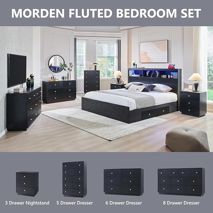 Fluted Dresser for Bedroom, Black 5 Drawer Dressers, Wood Tall Dresser Storage Organizer, Chest of Drawers with Deep Storage, Modern Bedroom Chest for Closet Hallway, Entryway, Living Room