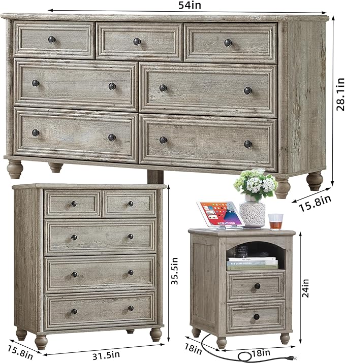 Farmhouse Dressers & Night Stand Set of 3, Wood 54" Wide 7 Drawer Dresser & 35.5"Tall Chest of Drawers, 18" with Charging Station Nightstand, Bedroom Furniture Dresser Set for Home Living Room Hallway