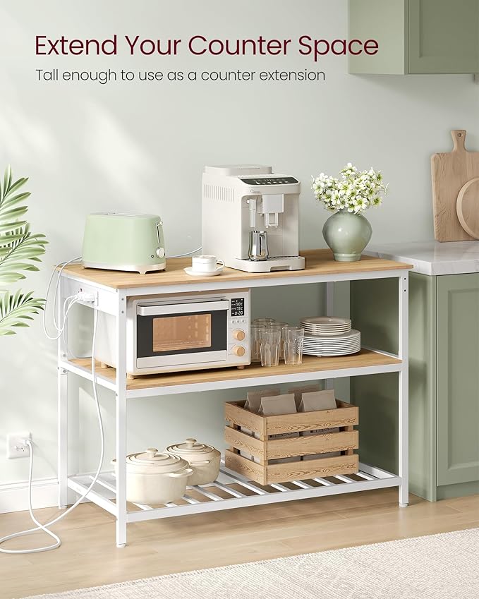 VASAGLE Kitchen Island with 3 Shelves, 47.2 Inches Width Kitchen Shelf with Power Strip, Large Worktop, Stable Steel Structure, Industrial, Easy to Assemble, Golden Oak and White UKKI101Y01