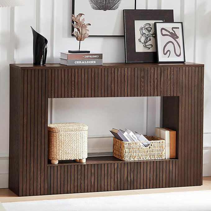 55.12" Wood Console Table for Entryway, Narrow Long Real Wood Fluted Design Sofa Tables Behind Couch Table Entryway Tables with 2-Tier Storage Shelves for Living Room, Hallway, Foyer, Walnut