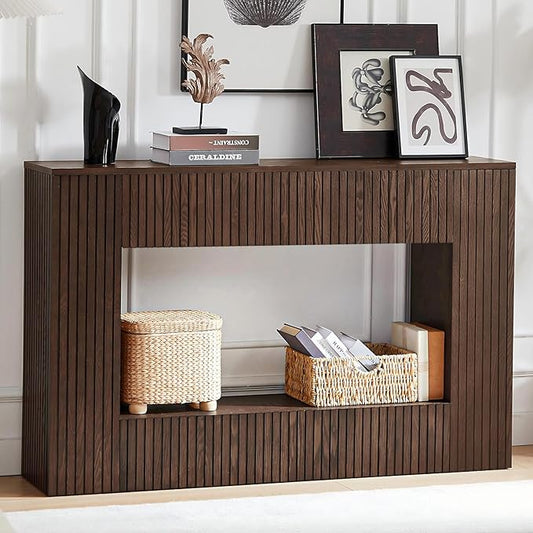 55.12" Wood Console Table for Entryway, Narrow Long Real Wood Fluted Design Sofa Tables Behind Couch Table Entryway Tables with 2-Tier Storage Shelves for Living Room, Hallway, Foyer, Walnut