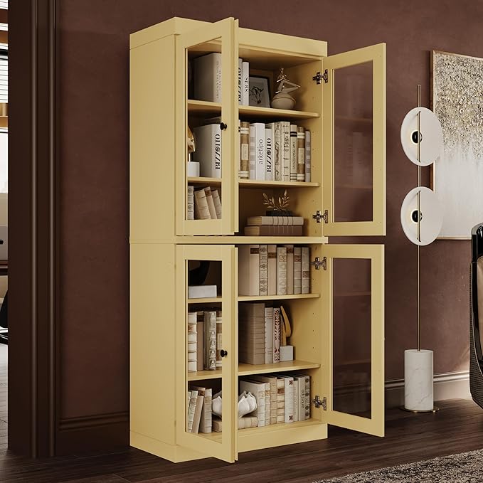 Palace Imports Solid Wood Bookcase - 6-Tier Tall Bookshelf, 71.5” H x 32” W - Yellow, Clear Glass Cabinet Doors & Adjustable Shelves for Living Room, 100% Renewable Eco-Friendly Wood, Made in Brazil