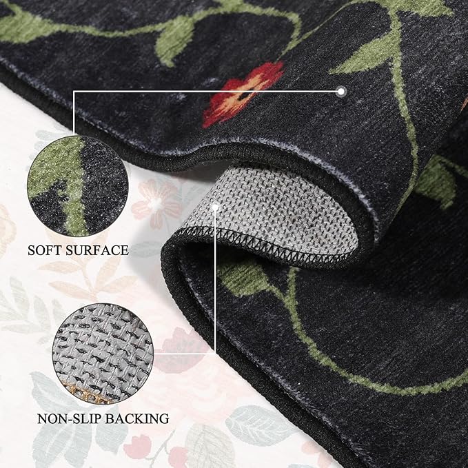 DUKINO 2x3 Rugs for Entryway, Floral Indoor Washable Door Mat, Non Slip Boho Small Rug for Kitchen, Soft Low Pile, Front Door Throw Rug for Entrance, Bedroom, Kitchen, Laundry, Bathroom, Black