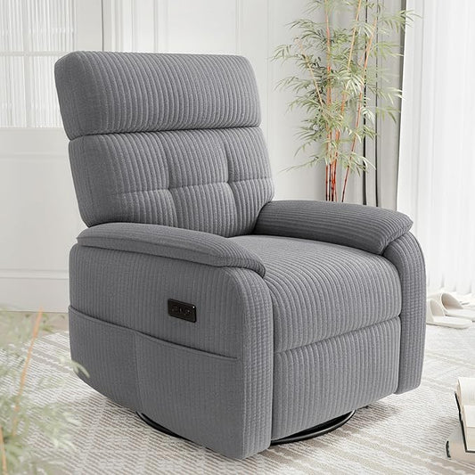 Claiks Power Swivel Rocker Recliner Chair, Oversized Recliner Chairs for Adults, Corduroy Overstuffed Reclining Chair with USB and Type-C Ports for Living Room, Grey