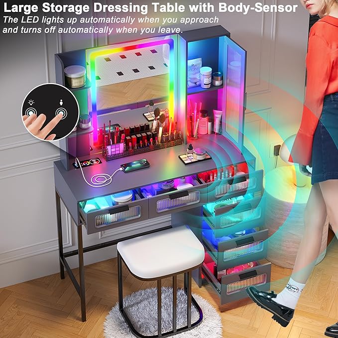 HNEBC Grey LED Vanity, Makeup Vanity with RGB Lights and 6 Drawers for Bedroom, Makeup Desk with USB/Wireless Charging, Dressing Table with Shelves/Cabins/Stool, Vanity Table Set as Gifts for Girls