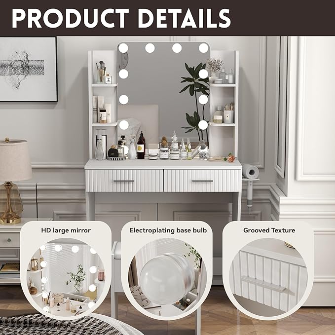 Vanity Desk with LED Lighted Mirror, Makeup Vanity with 3 Adjustable Lights, 2 Large Drawers and 4 Open Shelves, White Vanity with Storage Stool for Bedroom