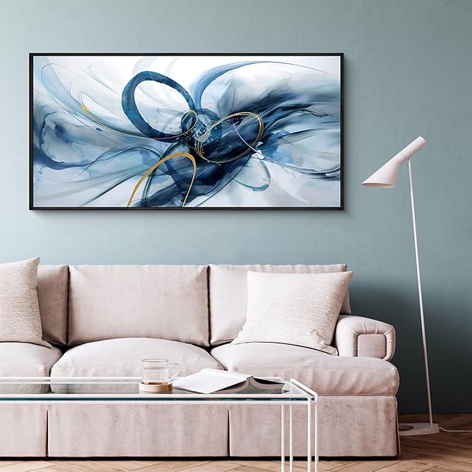 XLSJERST Frame Wall Art - Modern Abstract Canvas Wall Art Blue and White Picture Artwork for Office Bedroom Home Decoration