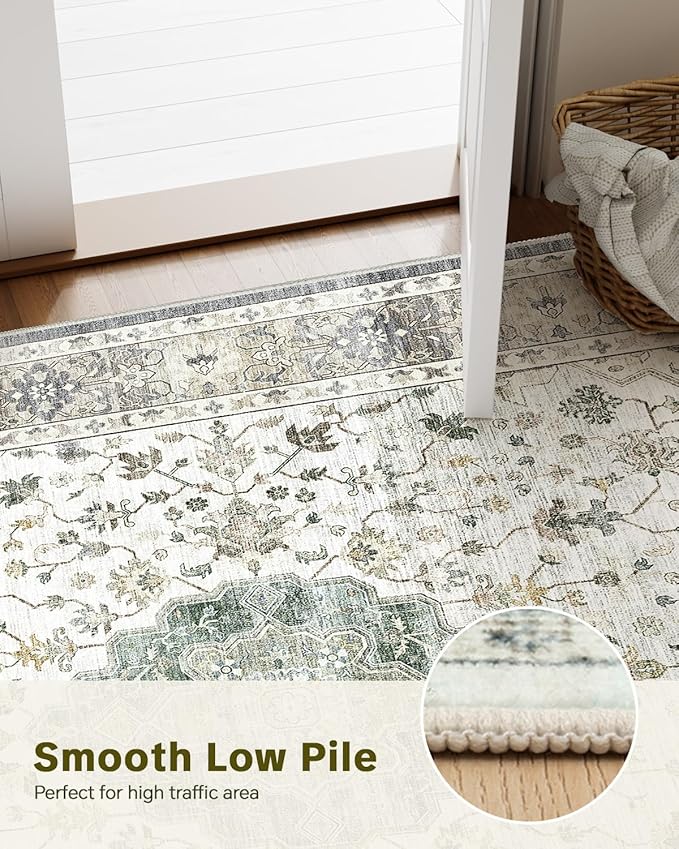 HOMFINE Machine Washable Rug 9'x12' - Vintage Design Area Rugs with Non Slip Rugs for Living Room Bedroom Floral Print Rug Carpet Stain Resistant, Home Decor Office Area Rug, Beige Green