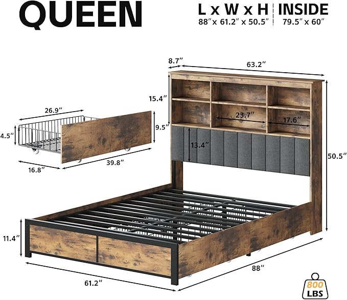 HISOFT Queen Bed Frame with Headboard, Wood Bed Frame with High Storage Bookcase, 4 Storage Drawers & LED & Charging Station,No Box Spring Needed/Noise Free/All-Metal Support, Vintage Brown