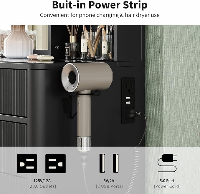 7 Drawers Fluted Vanity Desk with Charging Station, 47'' W Makeup Vanity with LED Lights and HD Mirror, 3 Lighting Modes Adjustable, Glass Top, Vanity Set for Bedroom, Black