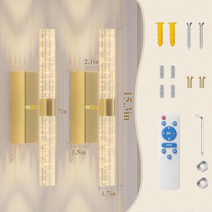 Battery Operated Gold Wall Sconces Set of 2 Rechargeable Battery Powered Wall Light with 12000mAh Not Hardwired Dimmable Wall Lamp Fixtures for Bedroom Living Room 15.3 Inches