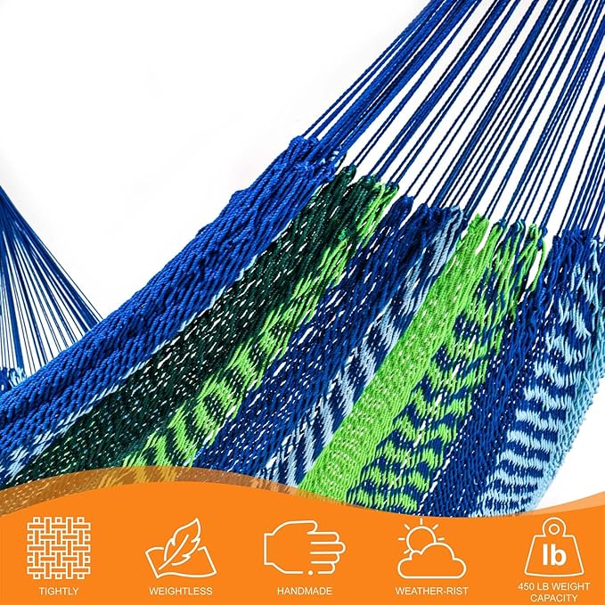 Lazy Daze Hammocks Handwoven Mayan Hammock, 10.5 FT Soft Rope Double Hammocks, Portable Outdoor Hammock with Carry Bag, 2 Straps & carabiners for Patio Outside, 550 lbs Weight Capacity, Blue/Green
