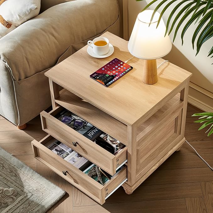 Farmhouse Nightstand Set of 2 with Charging Station, 24" Wide End Table with 2 Drawers,Natural Dresser for Bedroom,Bed Side Table Chest of Drawers Cabinet, Night Stand for Living Room