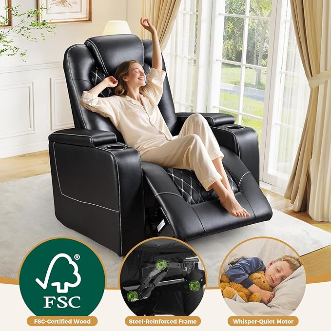 ANJ Power Recliner Chair with USB Ports and Cup Holders - Overstuffed Electric Home Theater Seating PU Leather Reclining Furniture with Hidden Arm Storage, Easy to Clean (Black)
