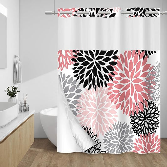 No Hook Shower Curtain with Snap in Liner - Dahlia Floral Shower Curtain - Fabric Waterproof Inner Liner, Plants Pink Grey Flowers Modern Cloth Shower Curtains - Machine Washable, 71 x 74