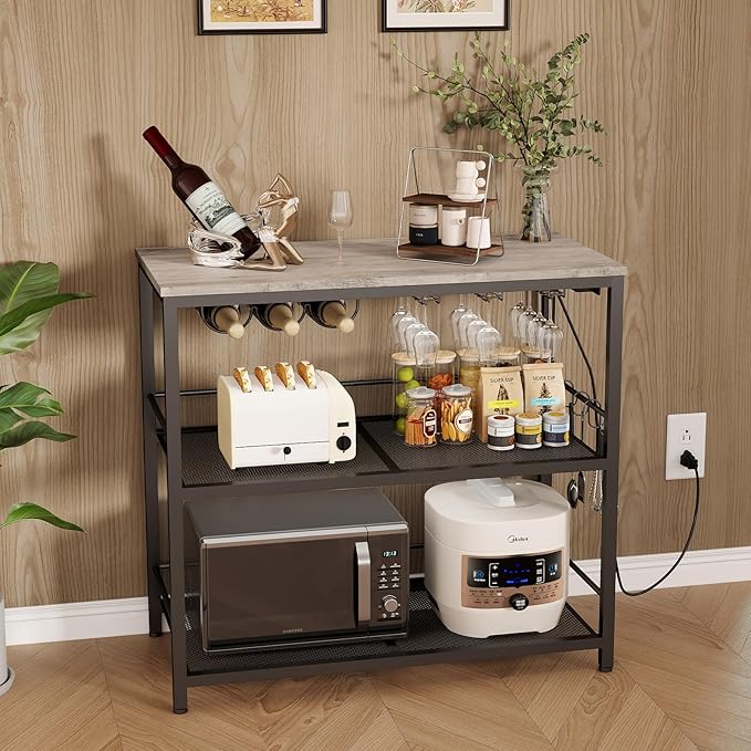 Kitchen Island with 3 Shelves, Kitchen Island with Power Outlet, Kitchens Storage Rack with 4 S Hooks, Microwave Stand and Coffee Bar Station for Dining Room, Greige and Black KIHG91E01