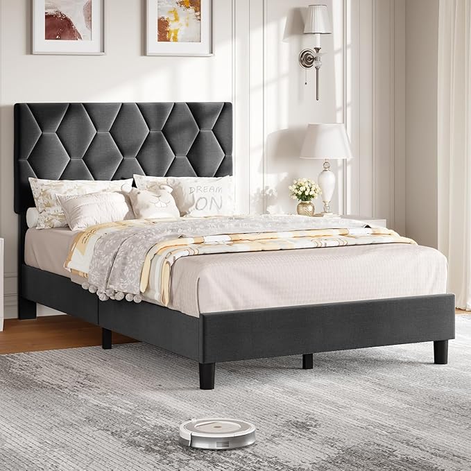GAOMON Grey Twin Bed Frame with Upholstered Headboard, Heavy-Duty Platform Bed Frame with Strong Wood Slats, No Box Spring Needed/Noise Free/Easy Assembly