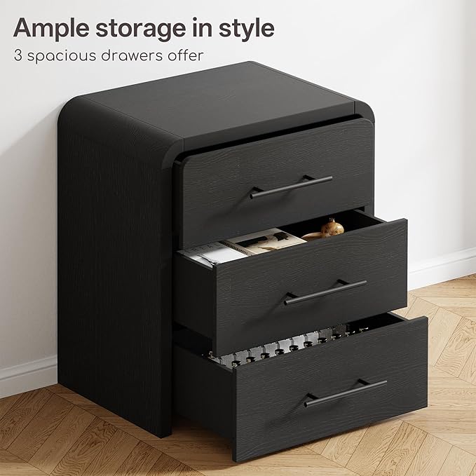 Curved 3-Drawer Nightstand Dresser Set of 2, 23.6'' Wide Modern Wood Bedside Tables with Long Metal Handles, Large Storage End Tables for Bedroom, Office, Black