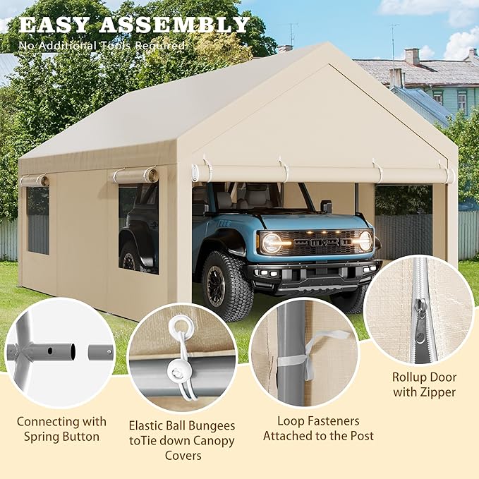 Walsunny Carport, 12x20 ft Heavy Duty Carport Canopy with Roll-up Windows, Portable Garage with Removable Sidewalls & Doors, Car Canopy with All-Season Tarp for Car, Truck, Boat