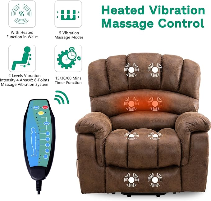 VIVIJASON Large Power Lift Chair Electric Recliner with Heat & Massage for Elderly Big People, Heavy Duty and Safety Motion Wide Recliners with 2 Remote Controls, Side Pockets & USB Ports, Brown