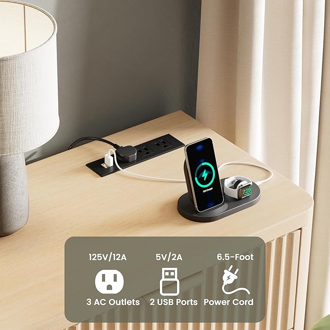 HAIOOU Fluted 6 Drawer Dresser with Power Outlet, 47.2” Wide Modern Chest of Drawers, Curved Profile Design Wooden Dresser for Bedroom, Clothing Storage Organizer TV Stand for Closet - Natural Oak