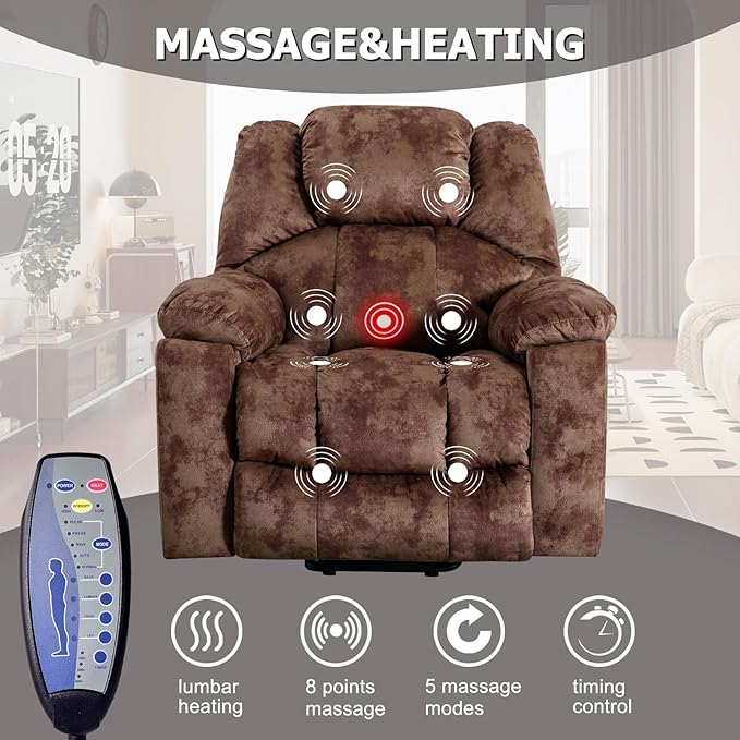 Phoenix Home Large Power Lift Recliner with Massage and Heat for Elderly, Electric Chair with USB Port, 2 Hidden Cup Holders, Dark Grey