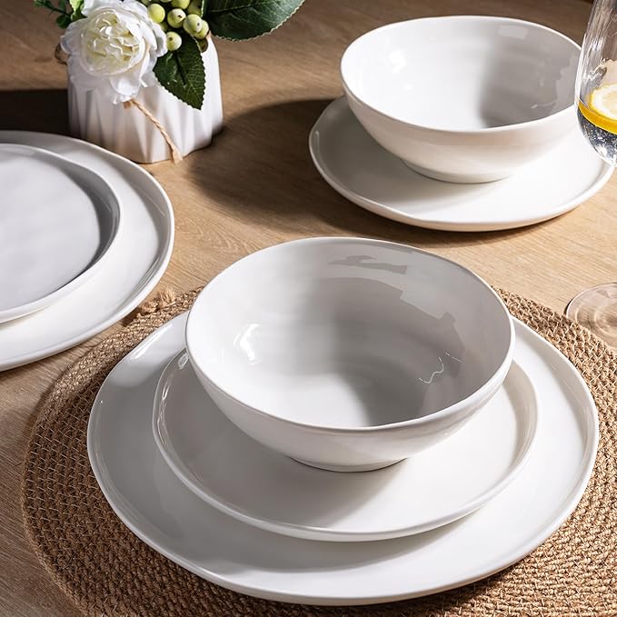 LERATIO Ceramic Dinnerware Sets for 8,Porcelain Plates and Bowls Sets with Wavy Edge,Microwave & Dishwasher & Oven Safe,Light Weight & Scratch Resistant Dishes Sets-Service for 8 (24pcs)-White