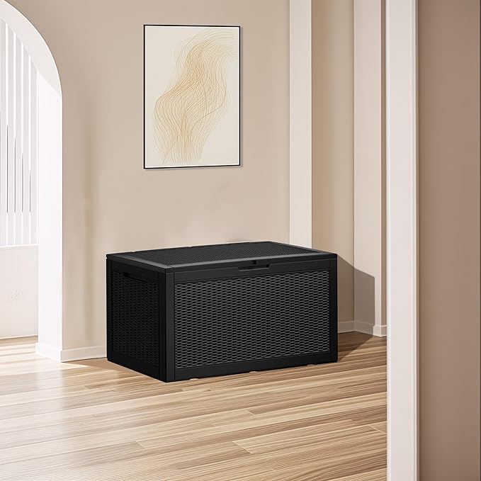 100GAL Black Wicker - Textured Outdoor Deck Box with Lockable – Waterproof, SGS - Verified UV Resistance, Stylish Storage for Patio Furniture & Outdoor Toys, Quick Assembly